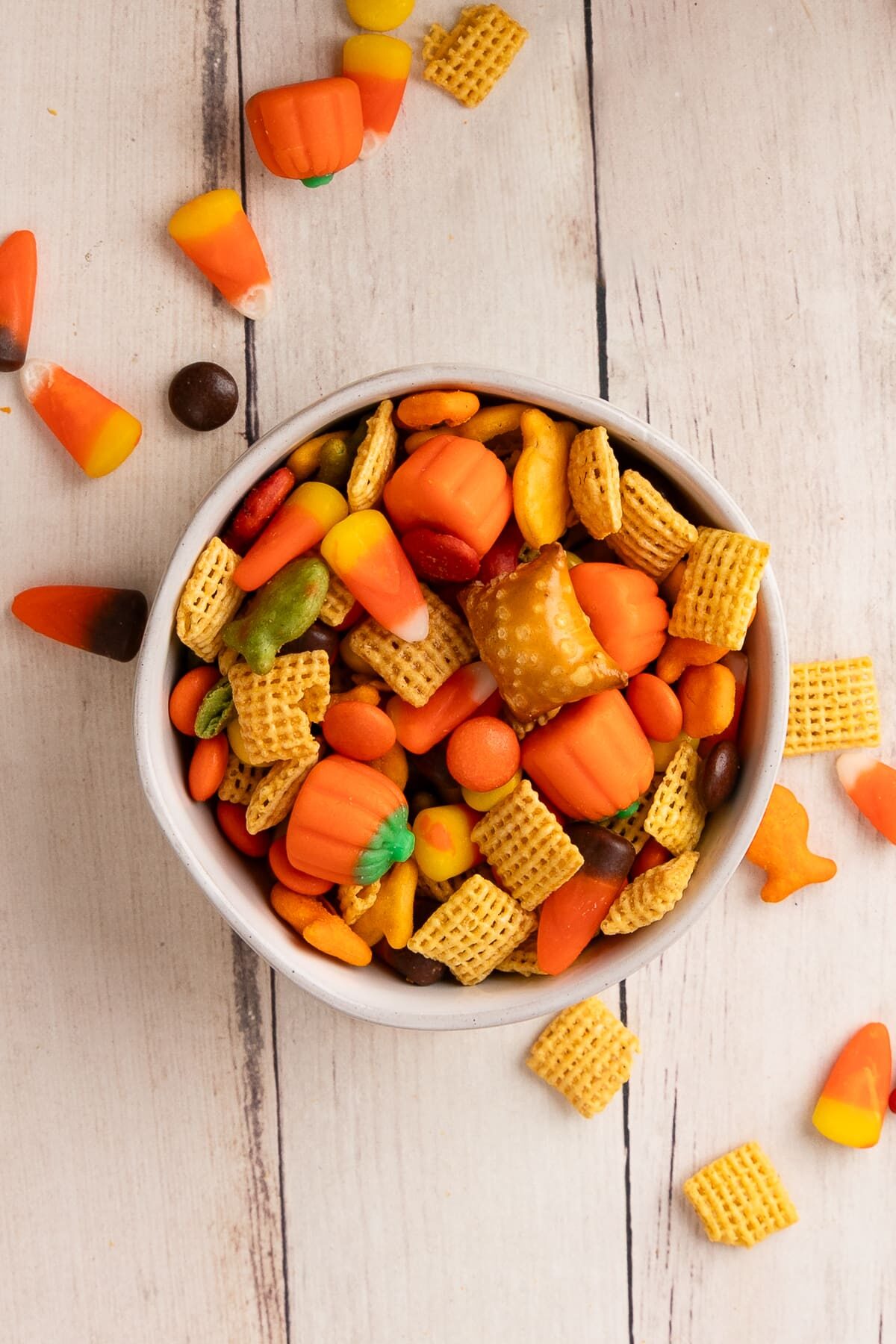 fall Chex mix in small bowl top biew.