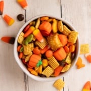 fall Chex mix in small bowl top biew.