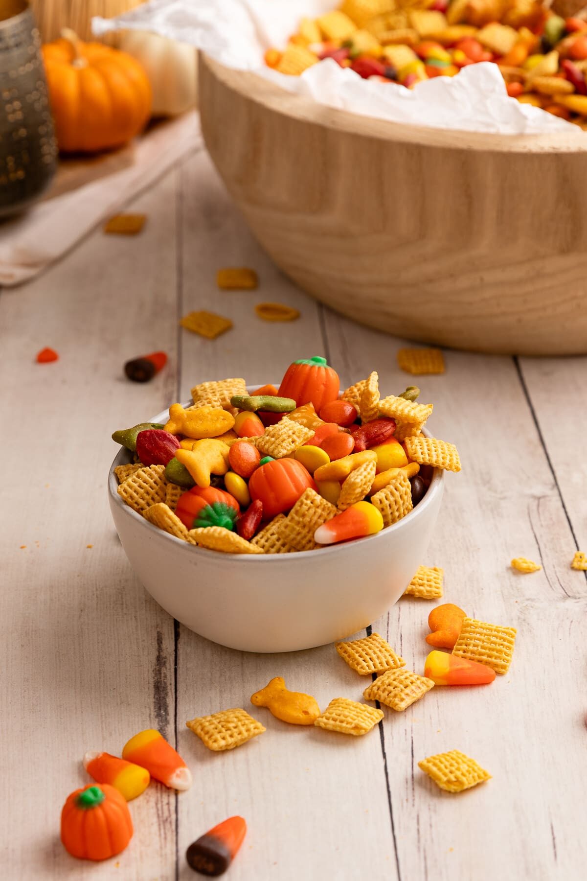fall Chex mix in  individual serving bowl.