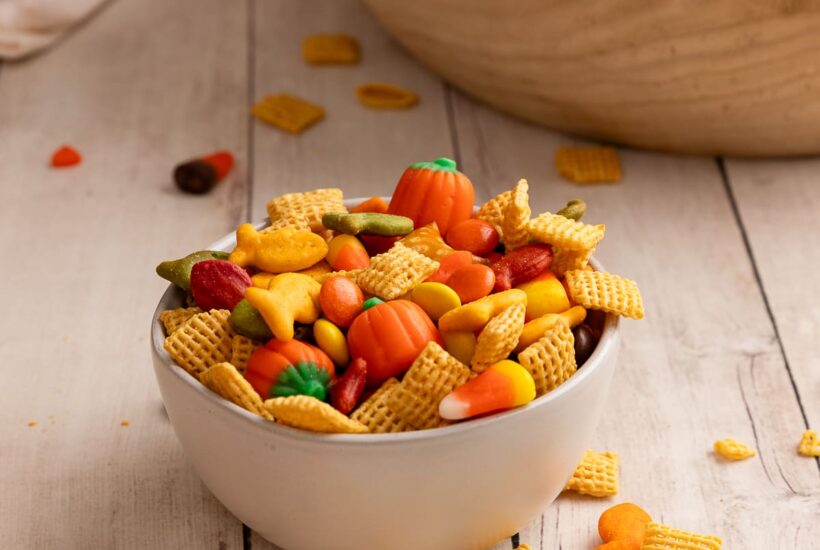 fall Chex mix in individual serving bowl.
