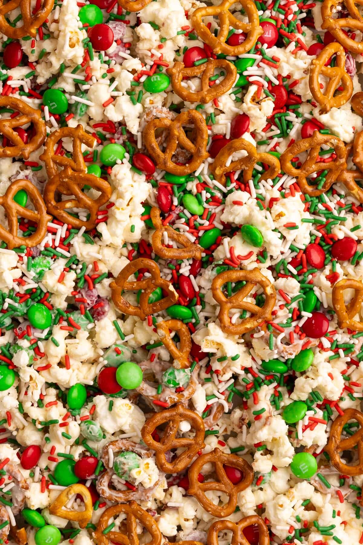 Christmas crunch popcorn top view on parchment.