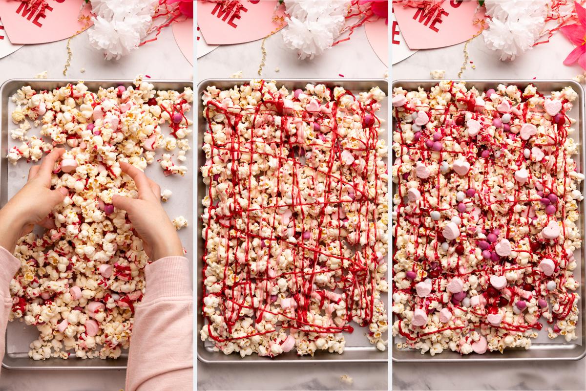 mixing popcorn and adding more toppings.