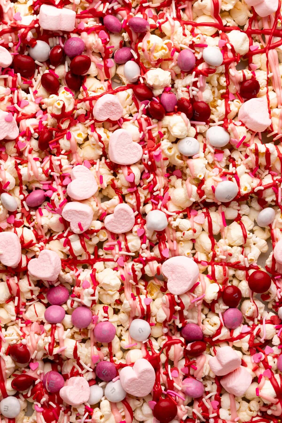 Valentine's Day Popcorn up close on pan.