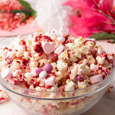 Valentine's Day Popcorn in bowl side view.