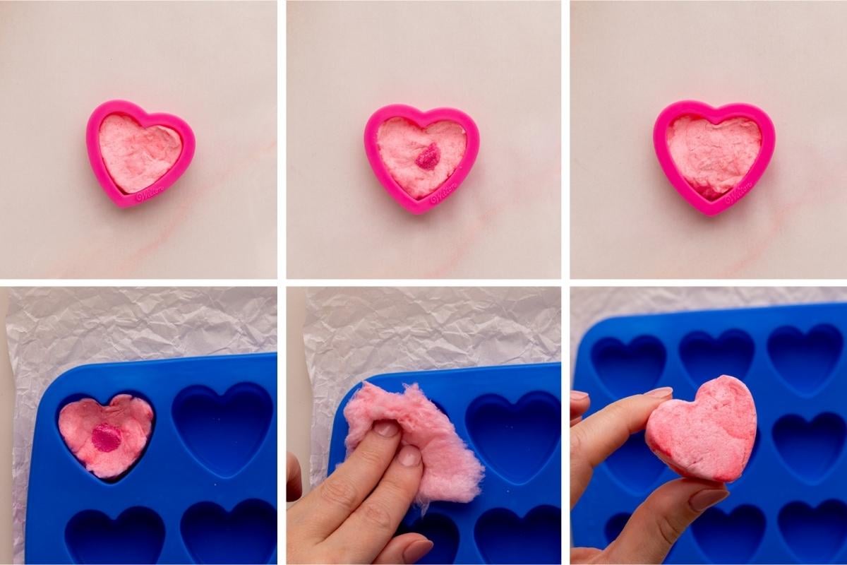 making cotton candy glitter bombs with cookie cutters and silicone molds.