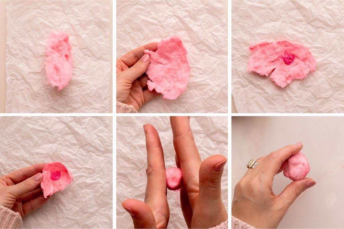 process of making DIY cotton candy glitter bombs.