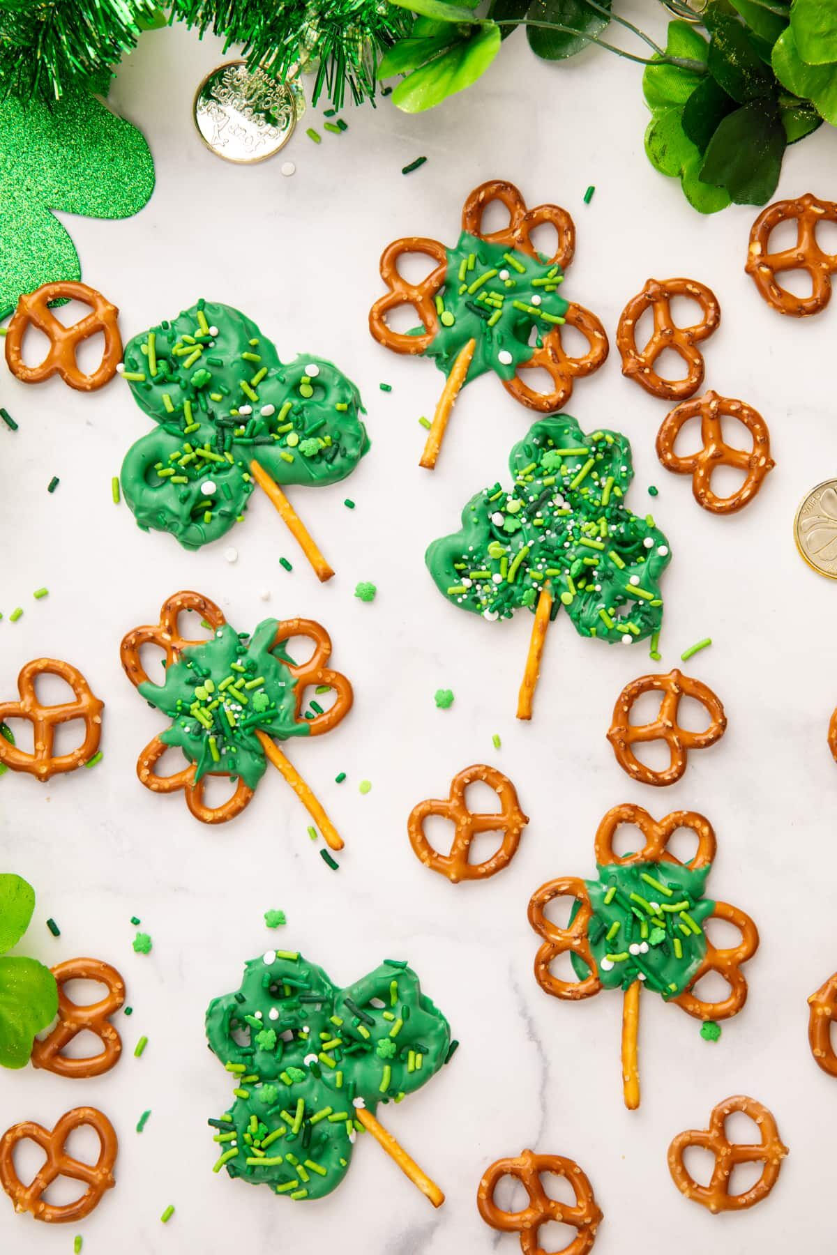 decorated shamrock pretzel treats view from top.