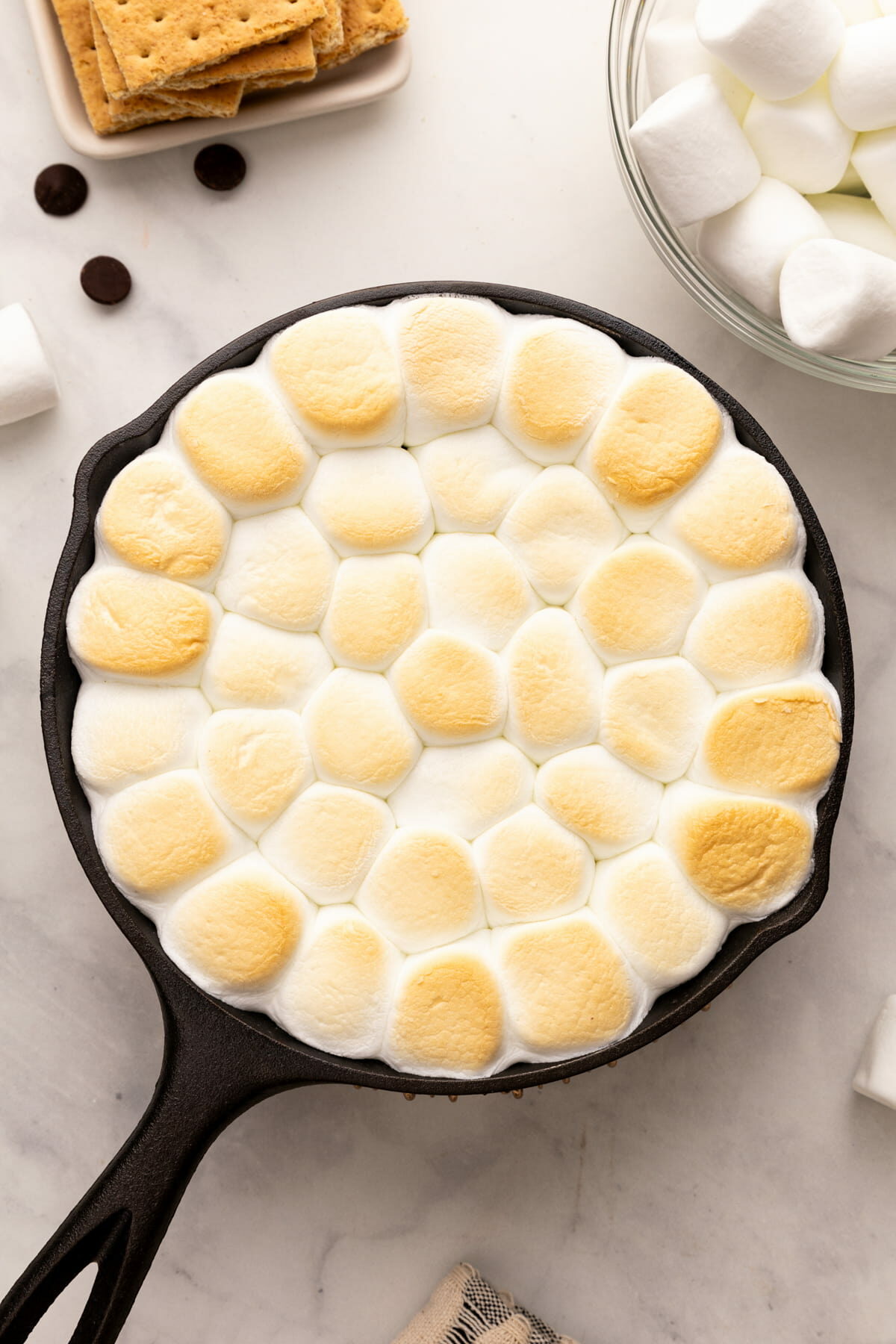 baked S'mores Dip in skillet top view.