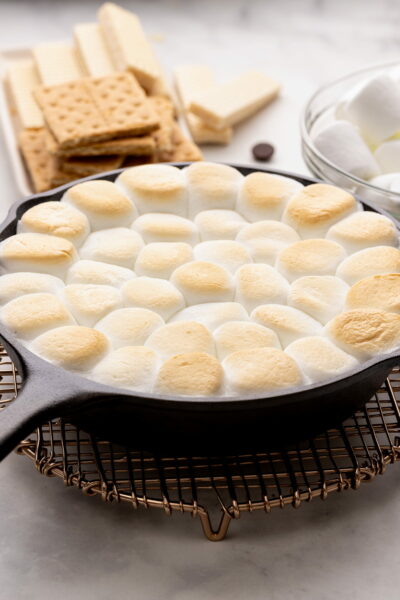 smores dip in skillet side view.