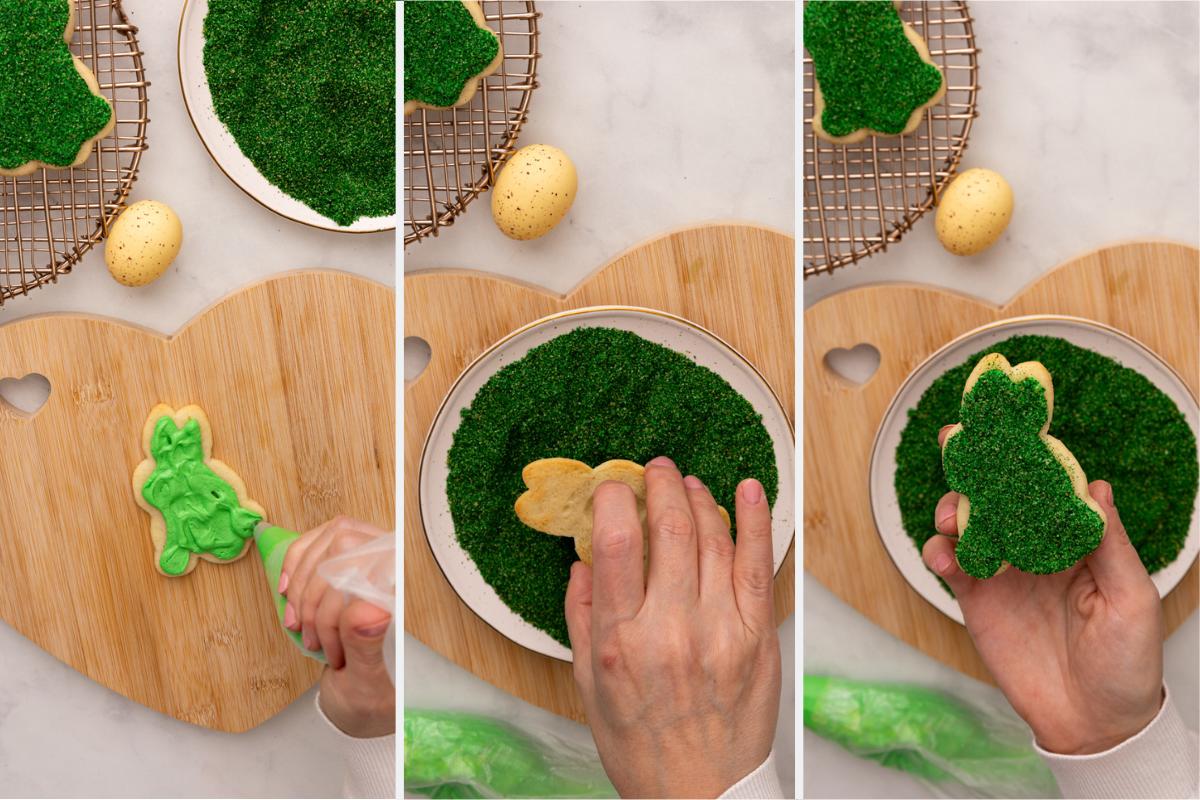adding edible moss to buttercream frosted cookies.