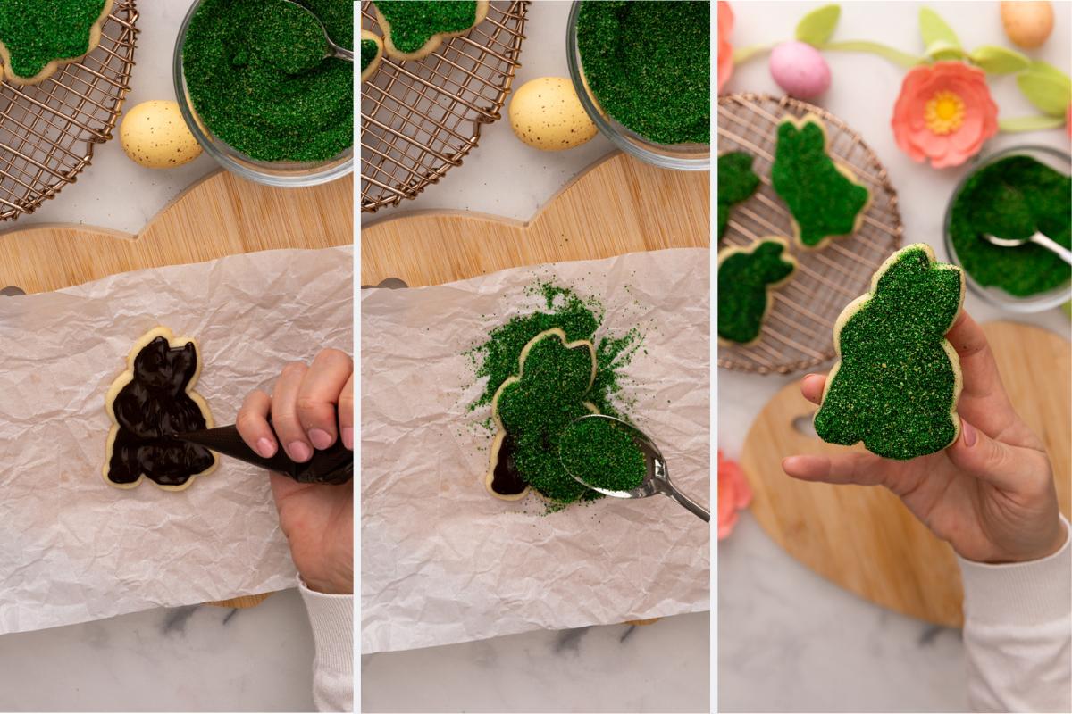 adding edible moss to iced cookies.