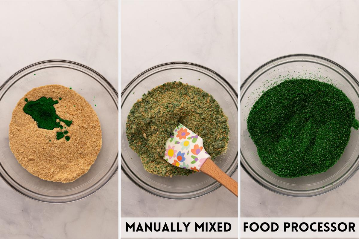 mixing food coloring into graham crackers for edible moss.