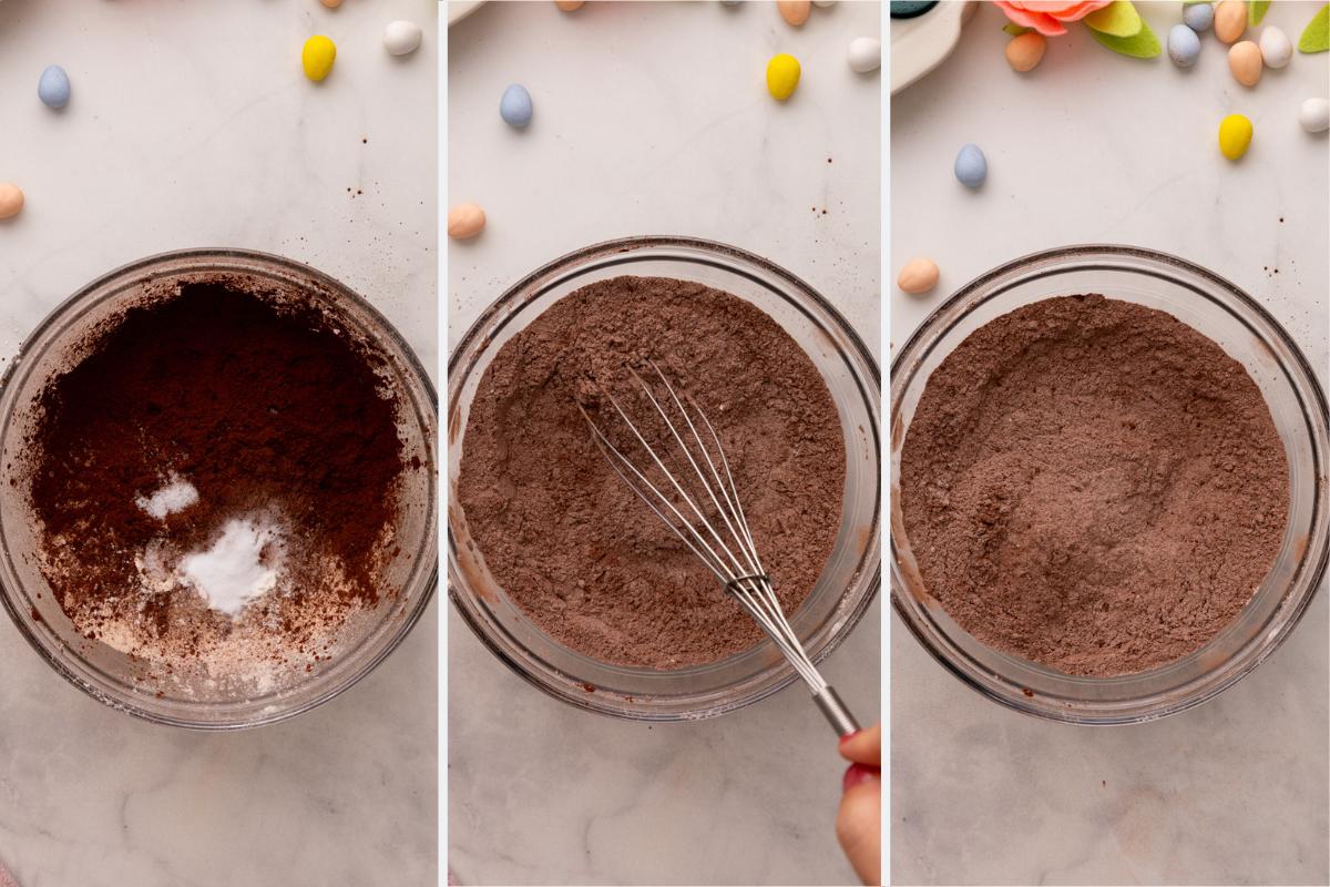 whisking flour and cocoa powder.