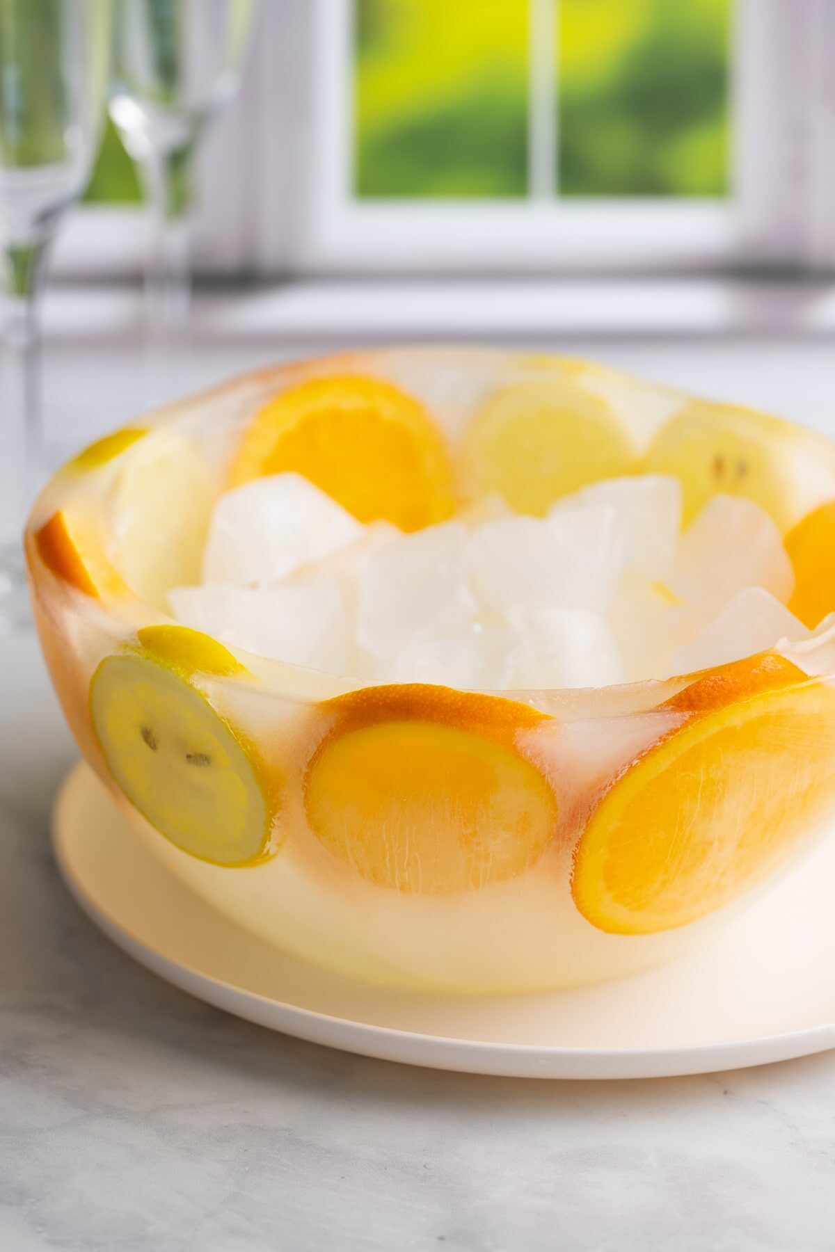 diy ice bowl with orange and lemon slices filled with ice.