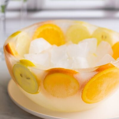diy ice bowl with orange and lemon slices filled with ice.