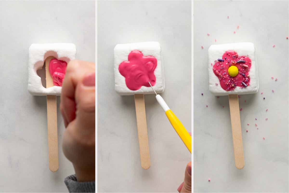 adding chocolate and sprinkles to marshmallow pop.