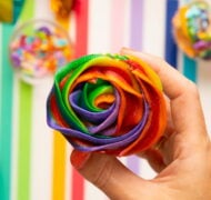 holding cupcake with rainbow frosting on top.