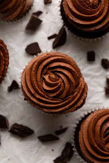 whipped chocolate ganache on upcake.