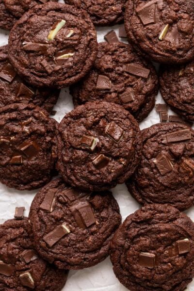 baked mint chocolate cookies on parchment.