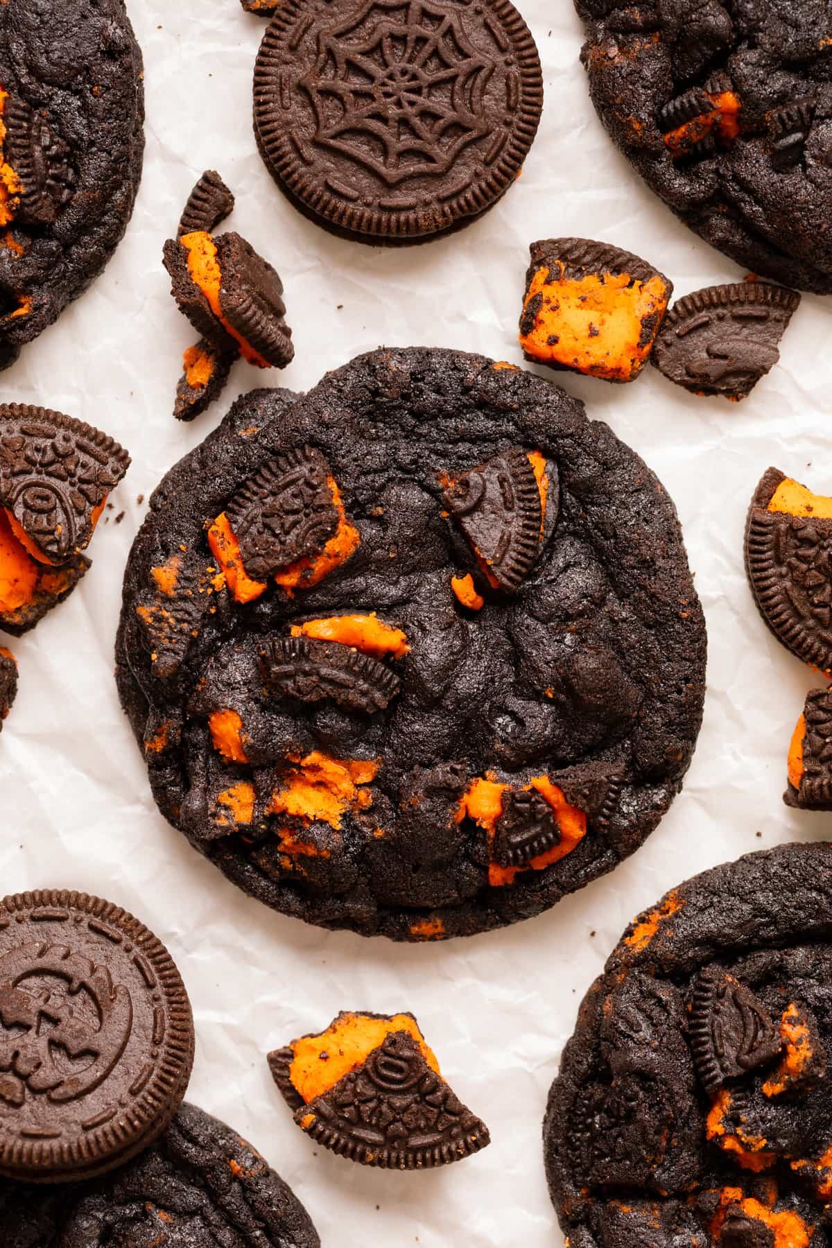 Halloween Oreo Chocolate Cookie on parchment.