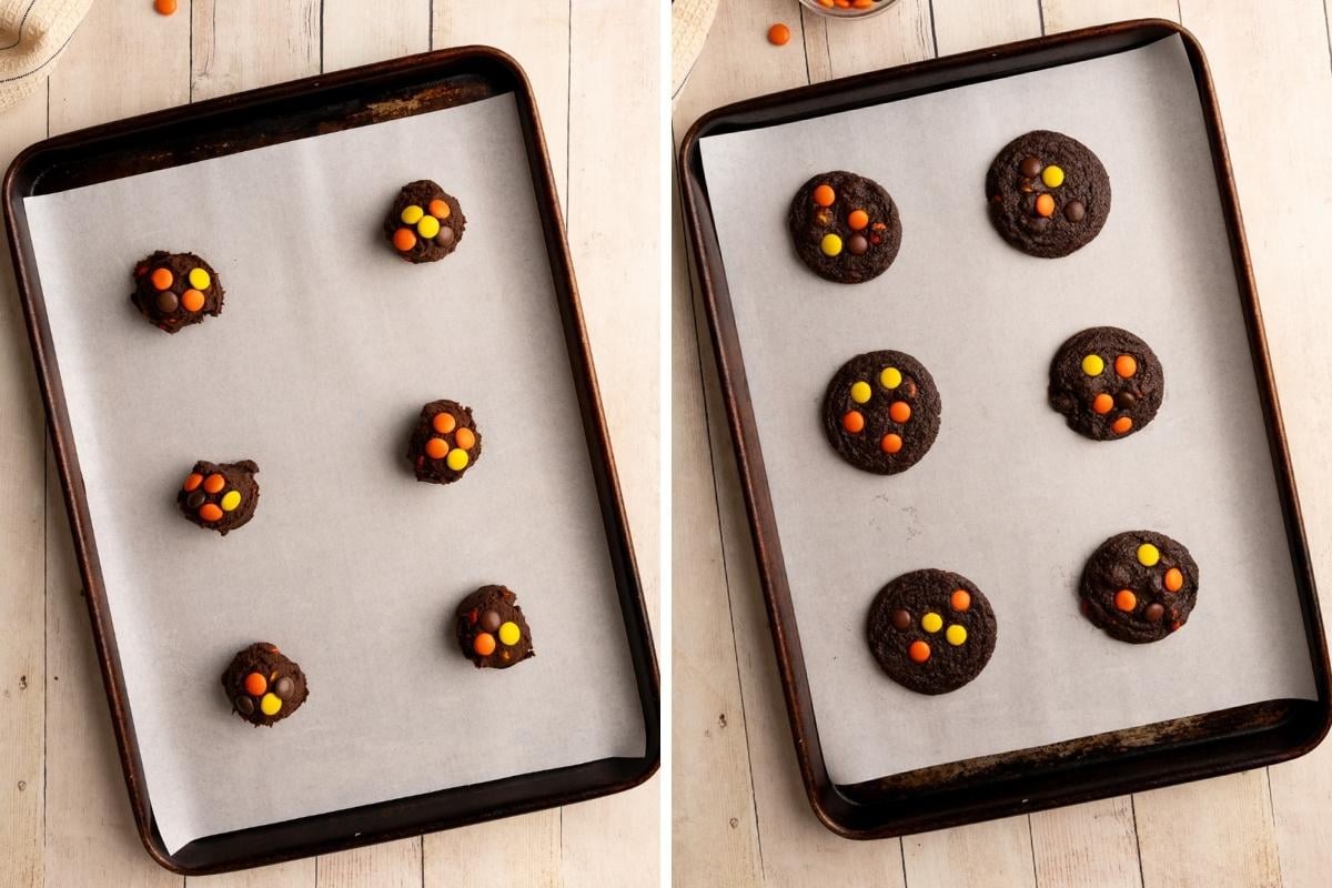 cookies on baking pan before and after baking.