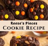 pinterest pin for reese's pieces chocolate cookies.