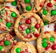 m&m christmas cookies on parchment.