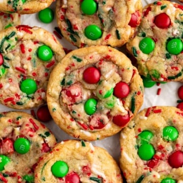 m&m christmas cookies on parchment.