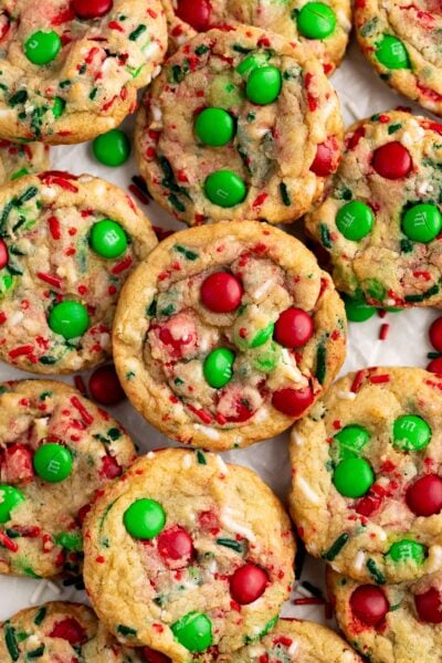 m&m christmas cookies on parchment.