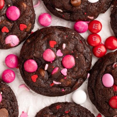 chocolate valentine's day cookie on parchment paper.