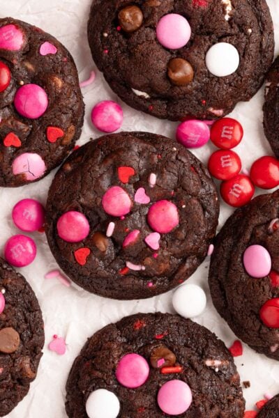 chocolate valentine's day cookie on parchment paper.