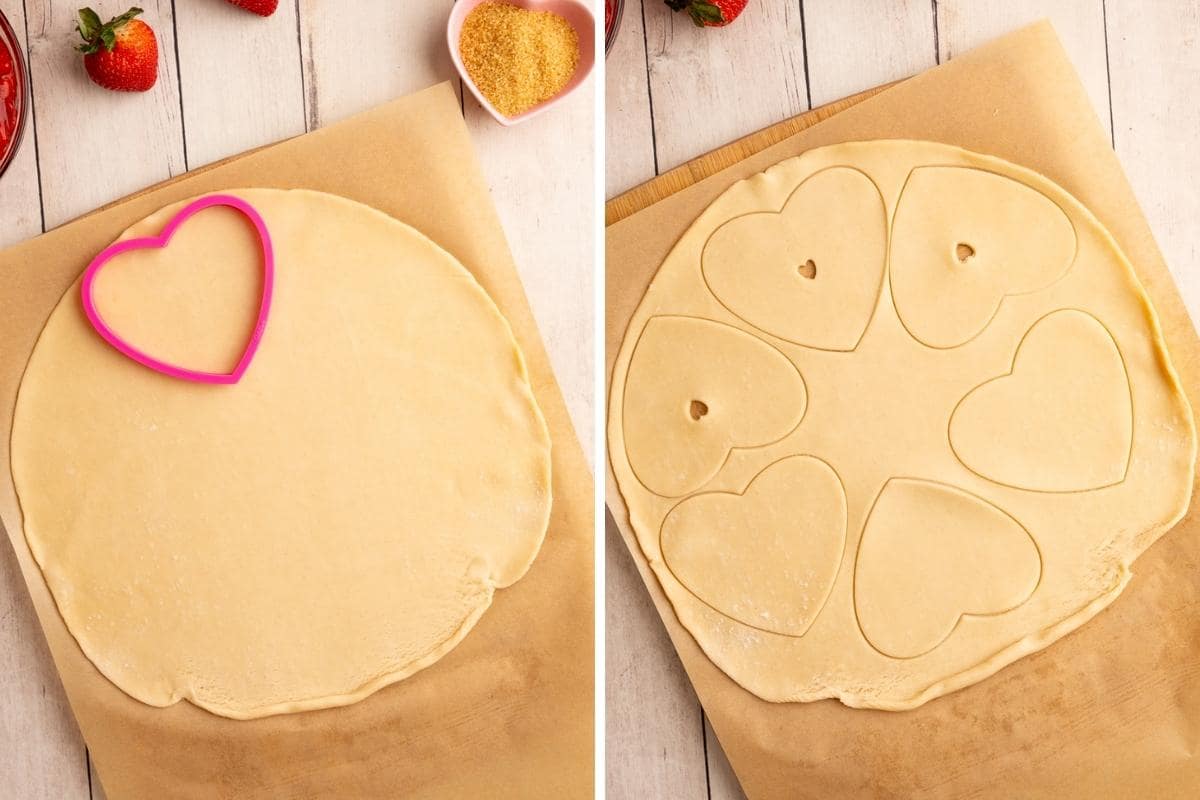 cutting out hearts from pie dough.