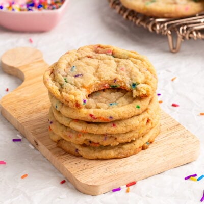 funfetti cookies tacked on serving tray.