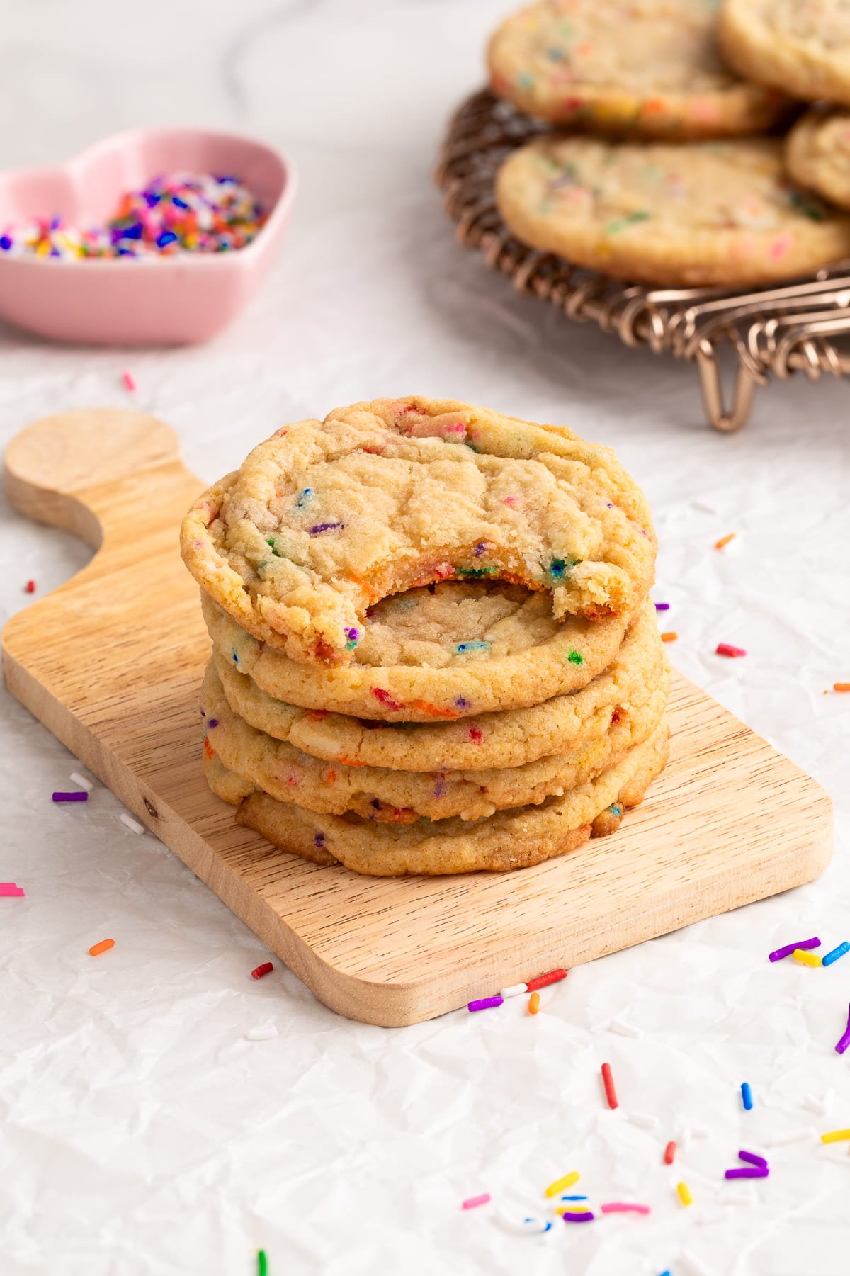 funfetti cookies tacked on serving tray.