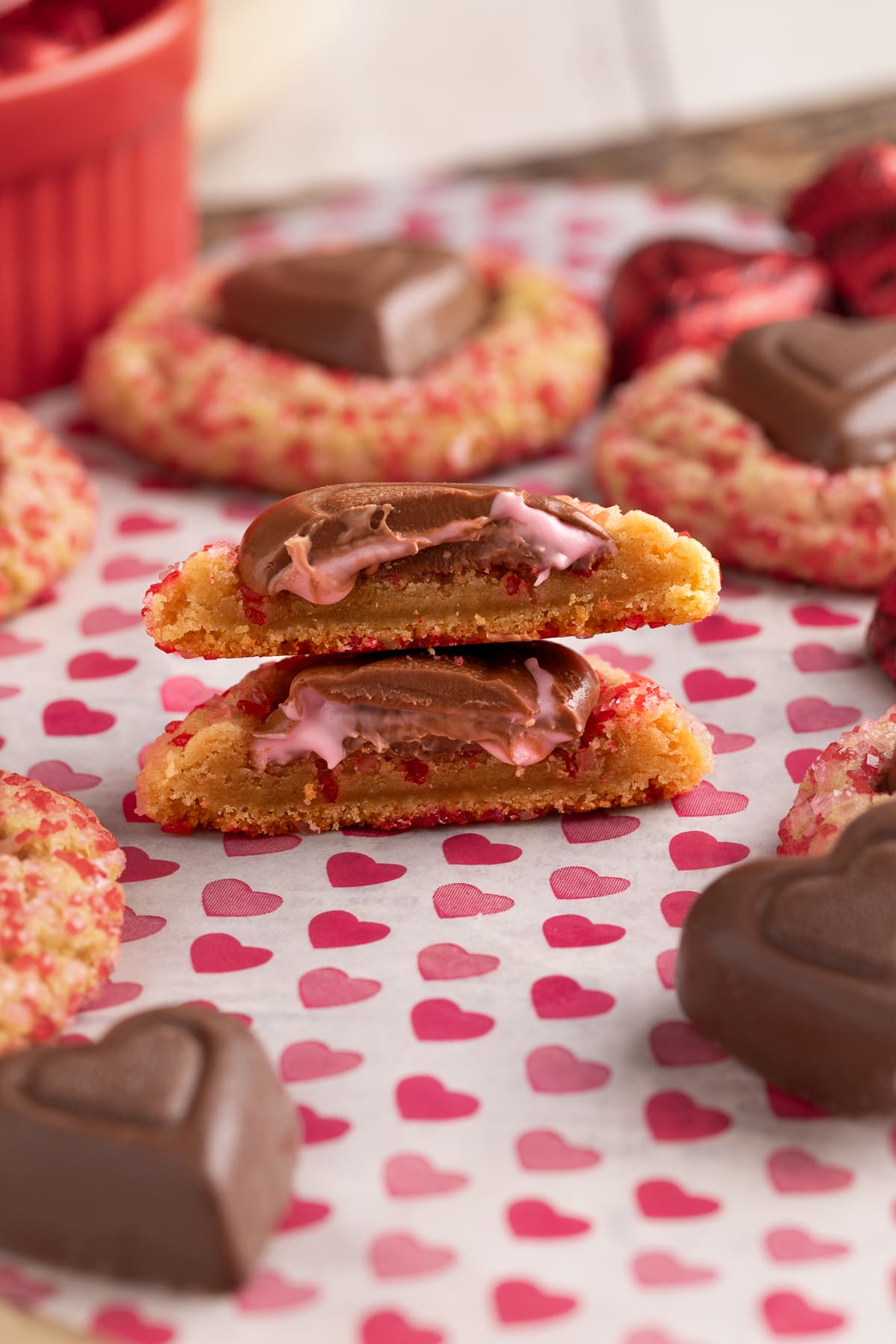 peanut butter heart cookie cut in half.