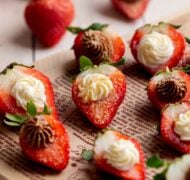 chocolate and vanilla deviled strawberries on a serving platter.