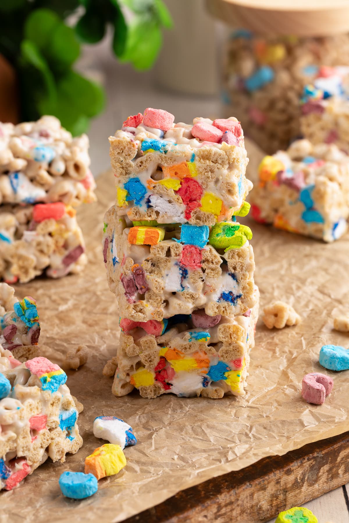 3 lucky charms treats stacked on top of each other.