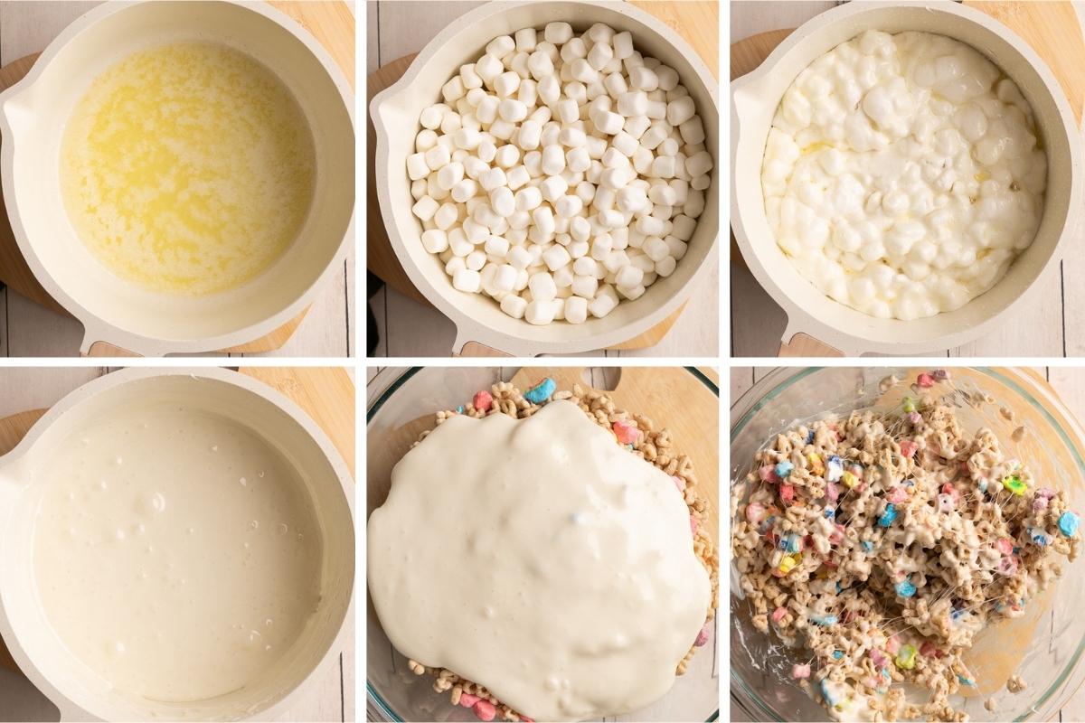 melting marshmallows and mixing in cereal.