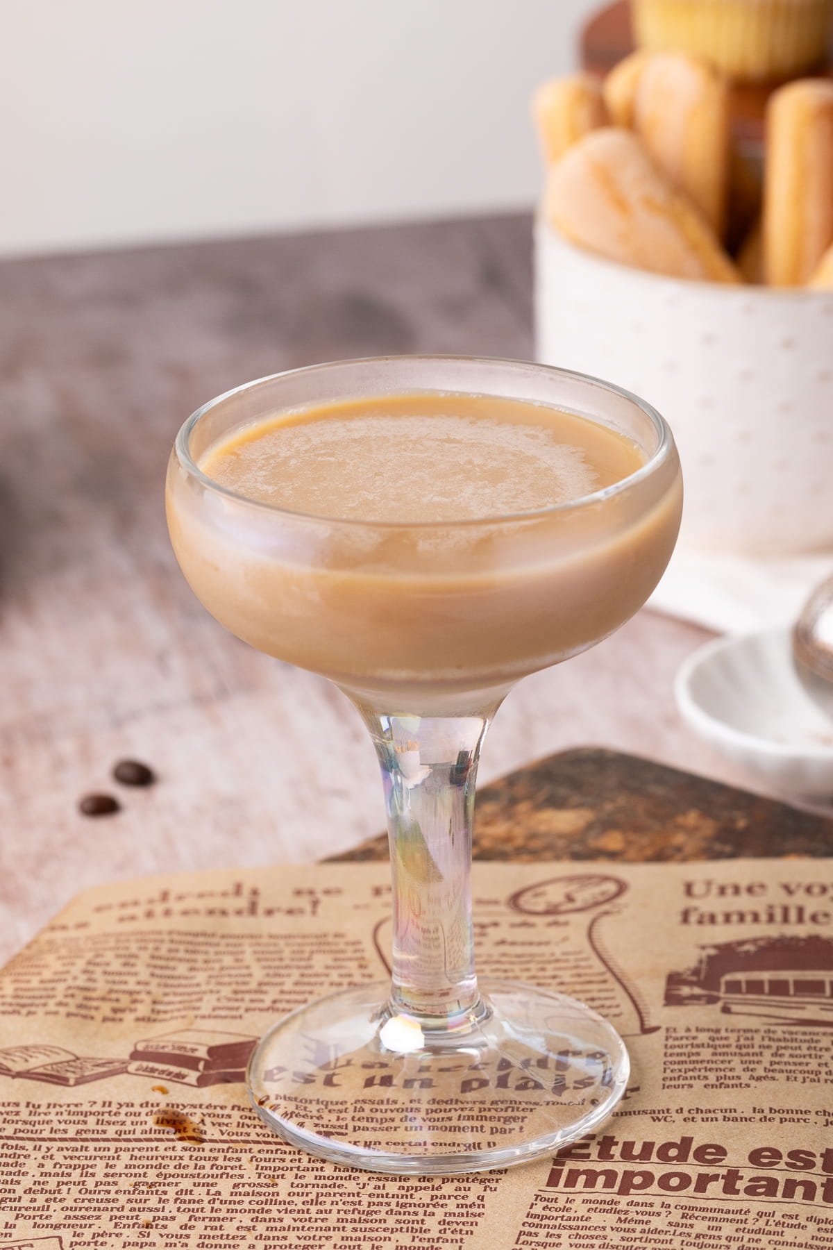 Tiramisu Martini in cocktail glass with no whipped cream.