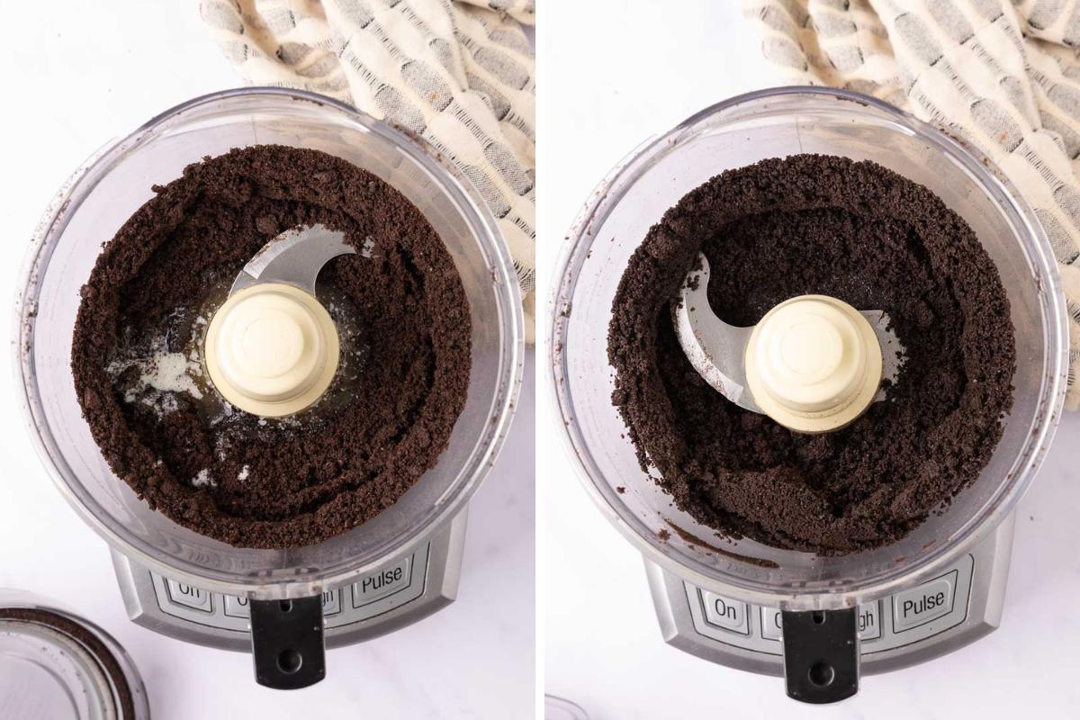 adding butter to oreo crumbles.