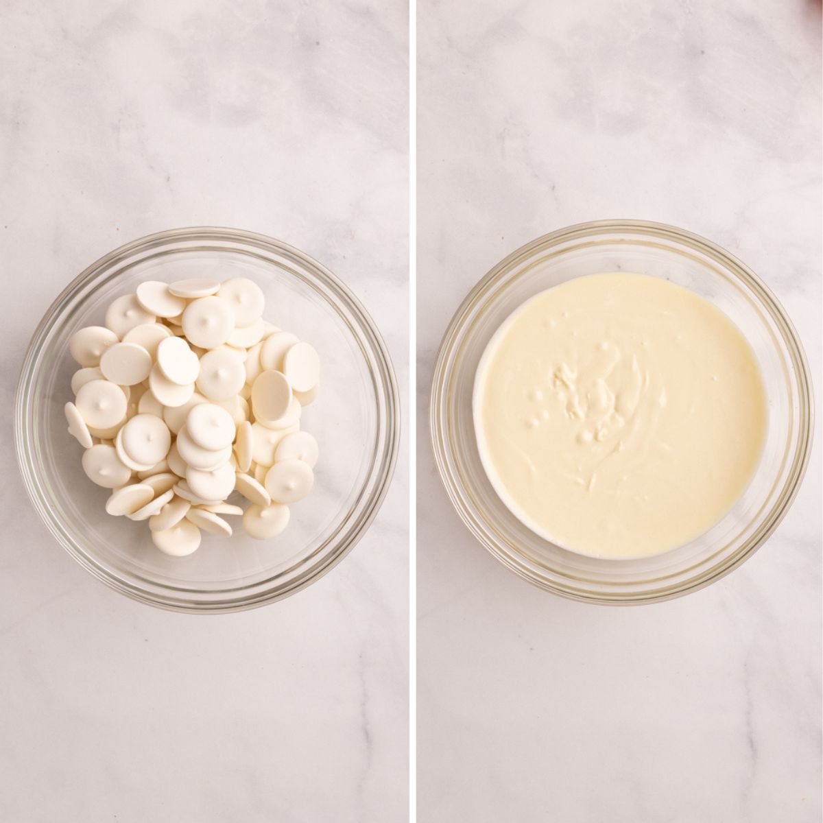 white candy melts in a glass bowl before and after melting.