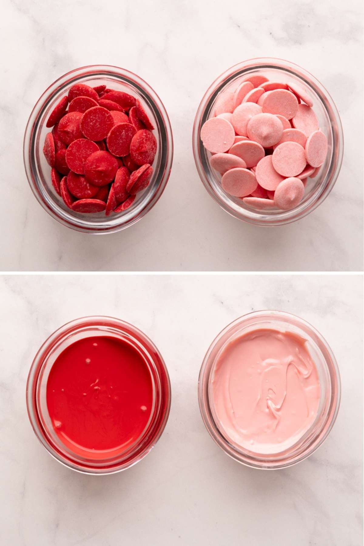 pink and red candy melts in glass bowls, both unmelted and melted.