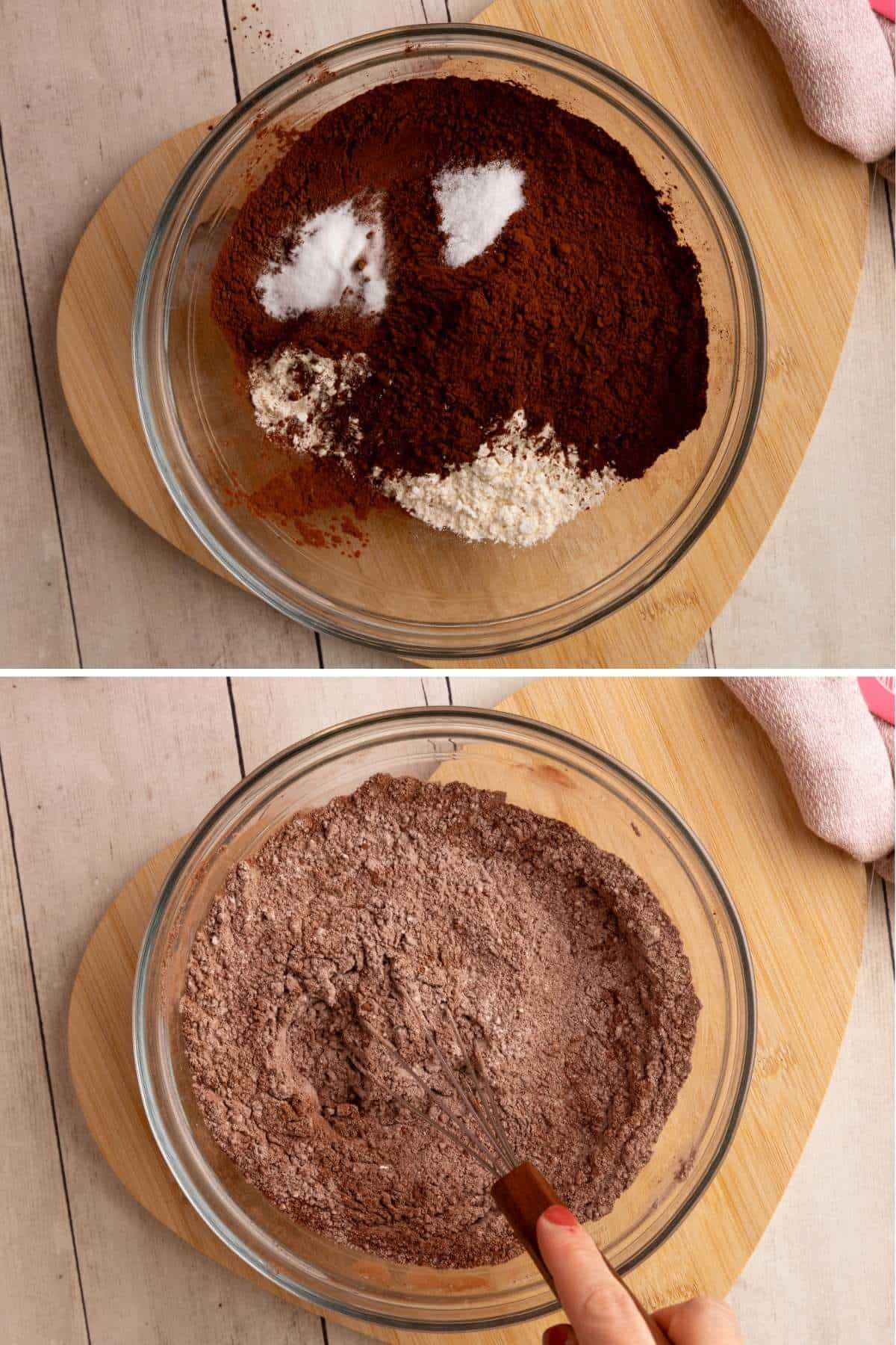 flour, cocoa powder, salt, and baking soda before and after whisking together.