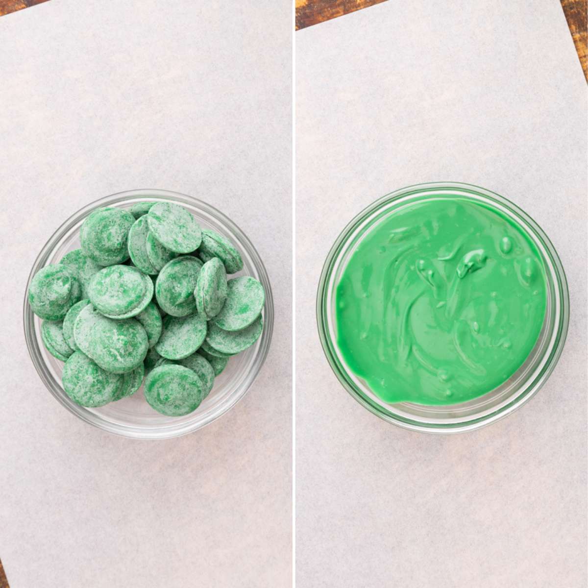 green candy melts unmelted in a glass bowl and melted in a glass bowl.